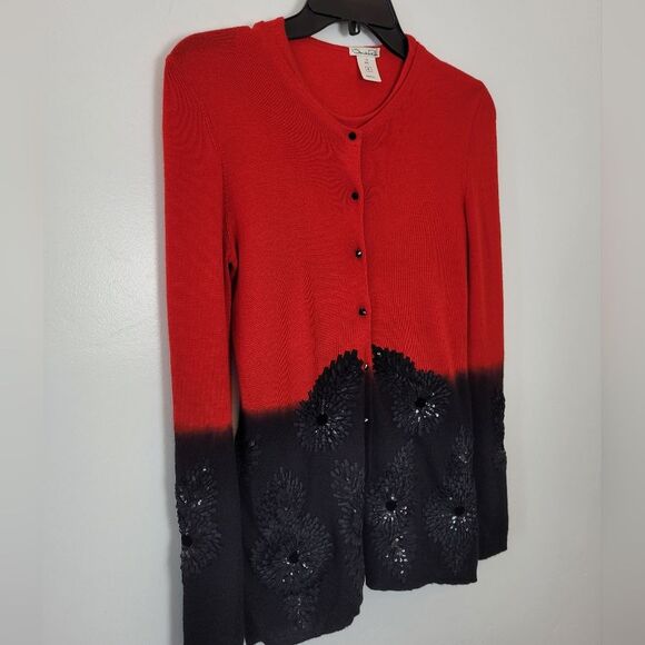 Oscar De La Renta Cardigan Sweater Set Cashmere Silk Red Black Floral Sequin - Picture 6 of 13
